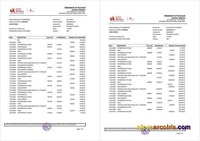 Bangladesh City Bank statement of account Word and PDF, 2 pages